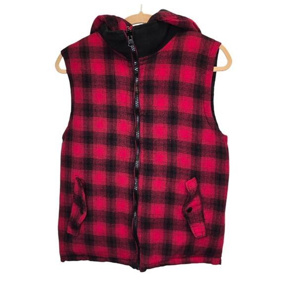Zara Young Kids Large Red Buffalo Plaid Reversible Hooded Vest